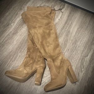 Tan Faux Suede Over The Knee Heeled Boot